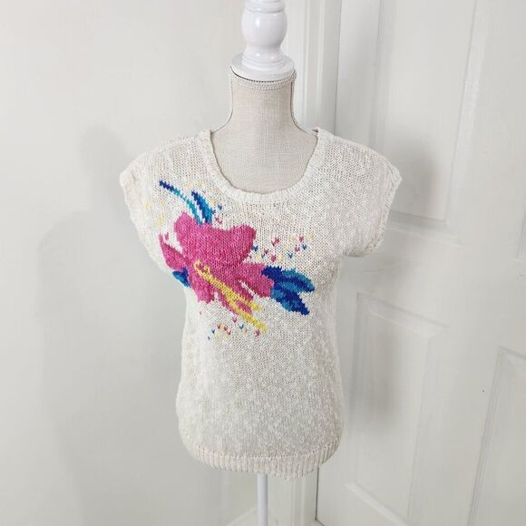 Vintage Sweater Womens L Cream Floral Crochet Open Knit 80s Skating Rink Prop - Picture 14 of 14